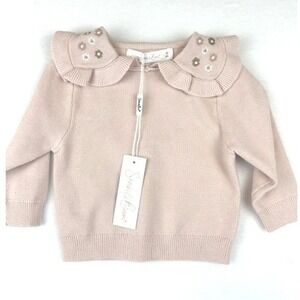 NWT Stitch & Bean Sweater Pink Floral Embroidered Ruffle Collar Baby Girl 3-6M